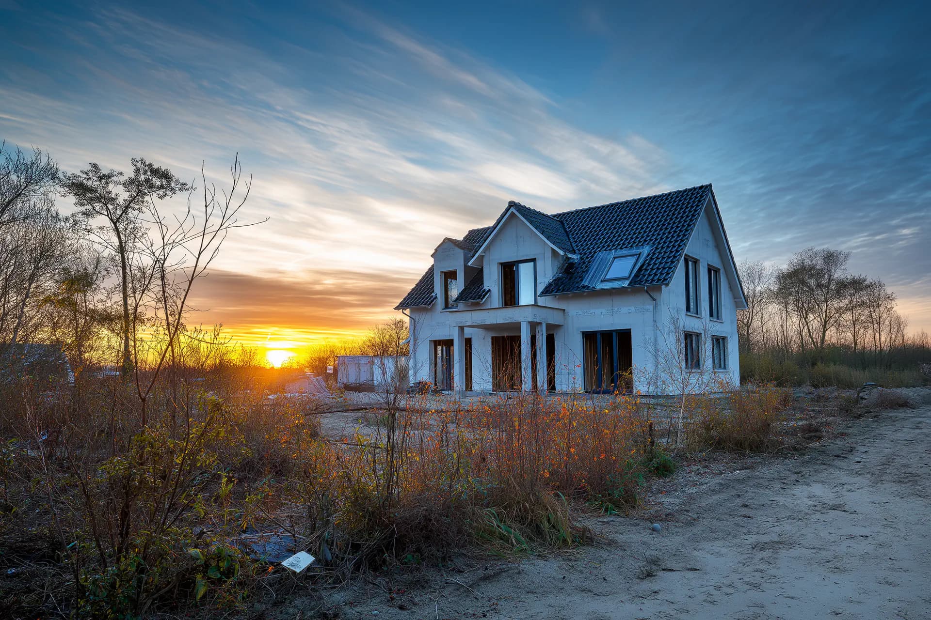 Haus im Bau mit Betonfassade und dunklem Dach, Sonnenuntergang im Hintergrund, bewachsene Umgebung.