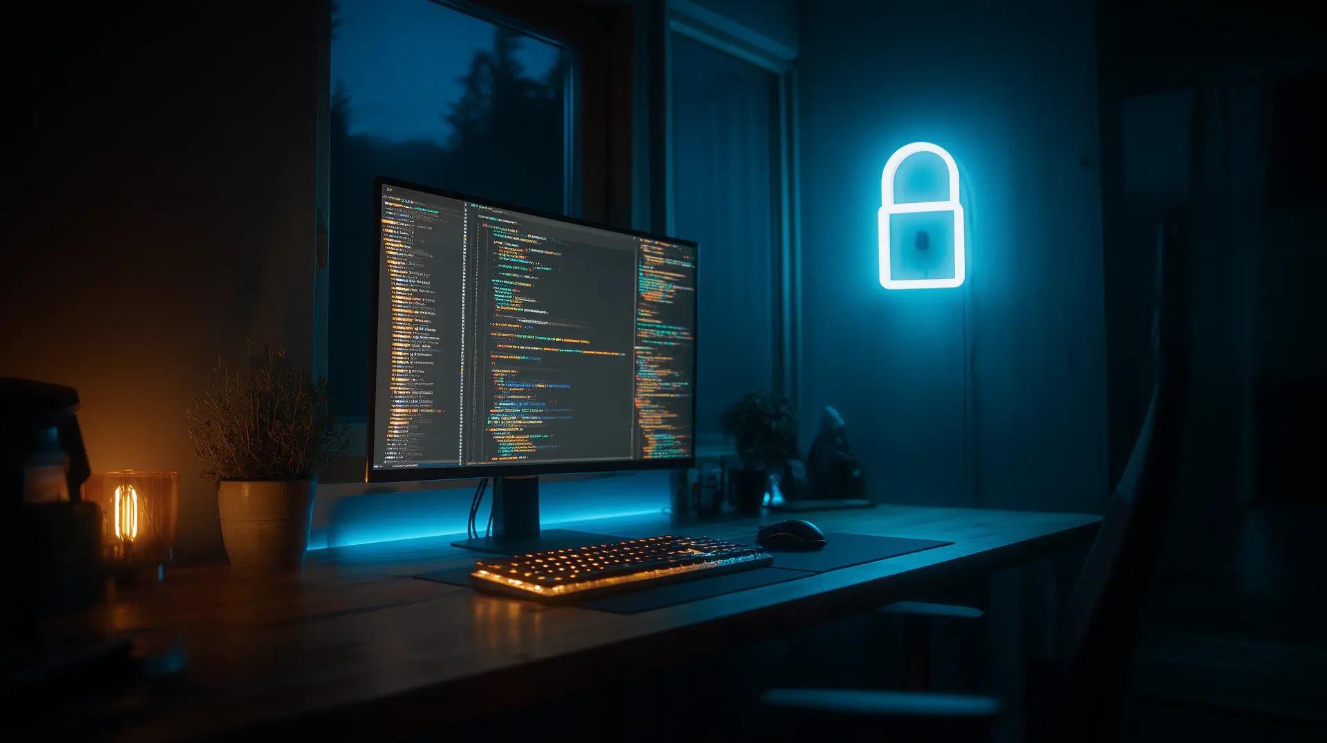 Schreibtisch mit beleuchteter Tastatur, Computermonitor mit Code und leuchtendem Vorhängeschloss-Neonlicht.