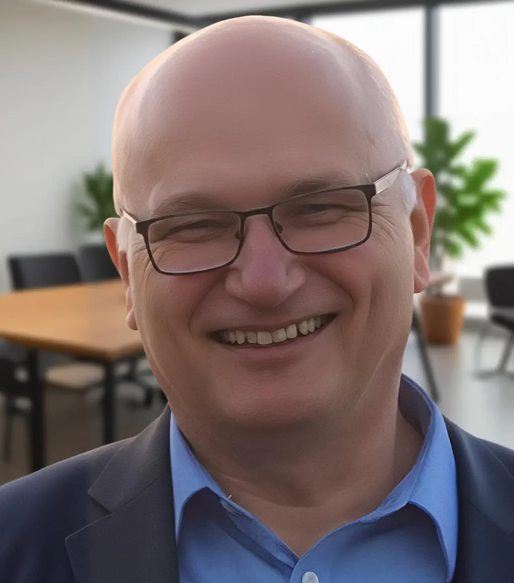 Kahlköpfiger Mann mit Brille lächelt in Anzug und Hemd, Büro im Hintergrund.