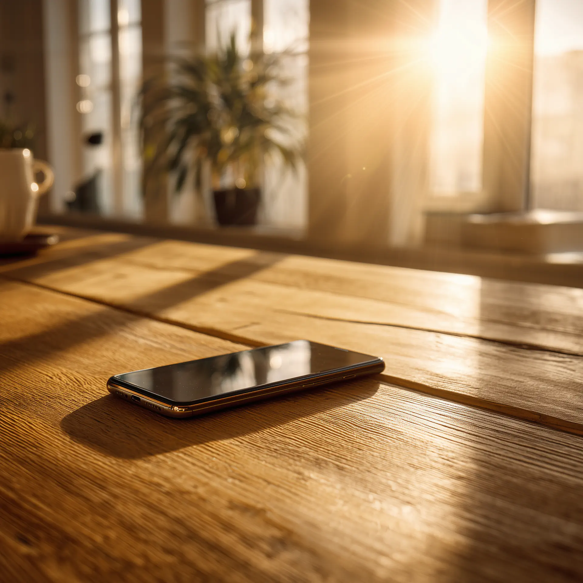 Modernes Smartphone liegt auf Holztisch, Sonnenlicht fällt durch Fenster.